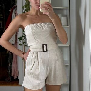 Strapless Linen-Blend Romper with Belt | Neutral Beige | size S